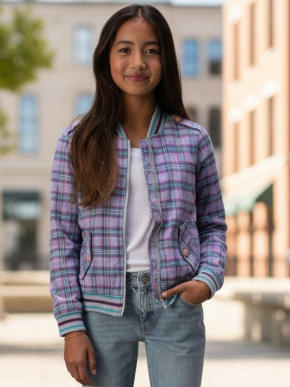 BILLABONG Gray Purple Plaid Jacket Girls 9 10 Lightweight Cotton Bomber
